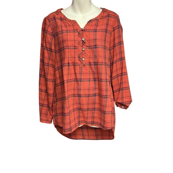 Eddie Bauer size medium Orange plaid tunic length  Buttoned Blouse - Picture 1 of 8